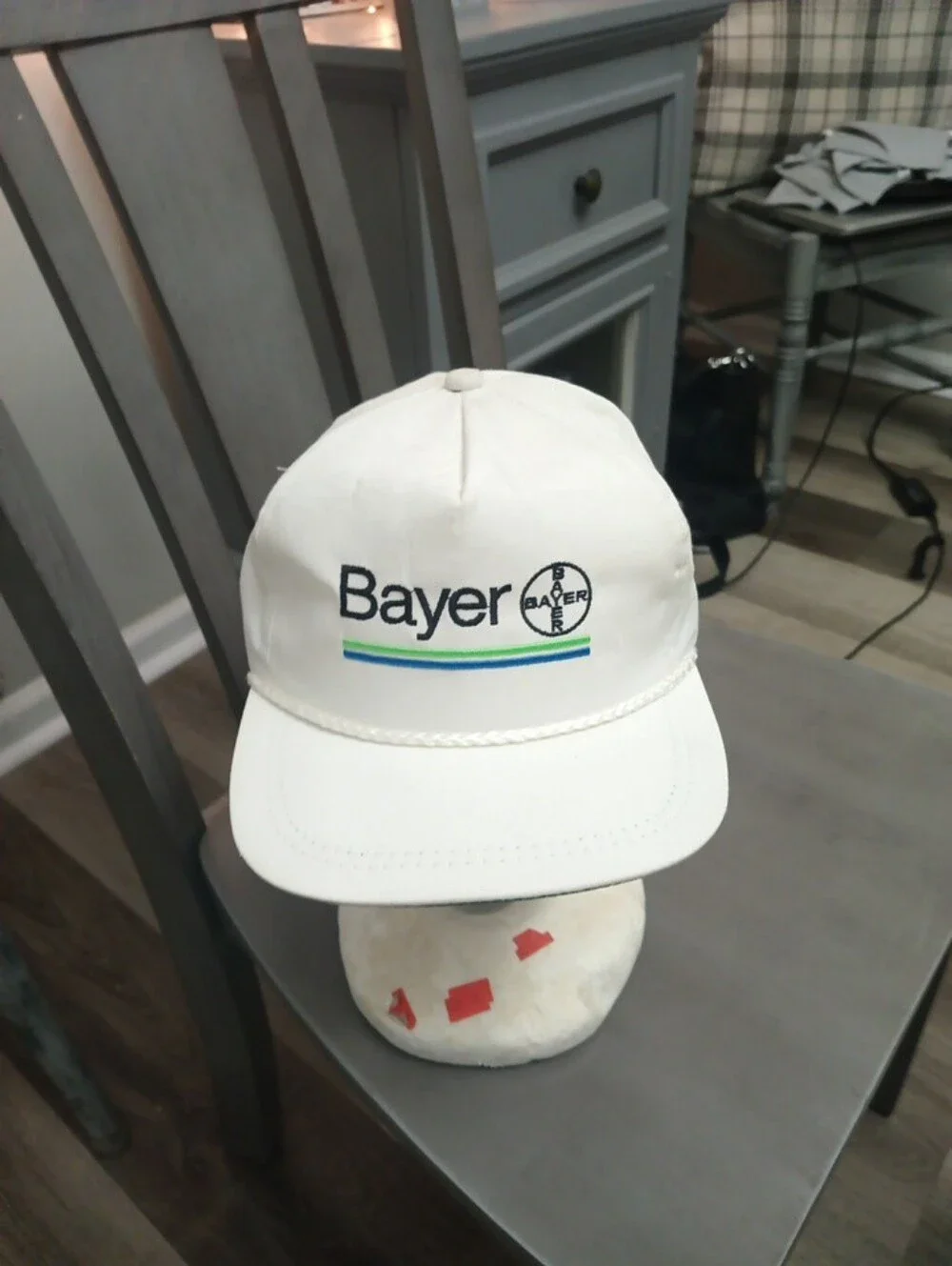 Men's Vintage Bayer Made In USA White Logo Cap - White with Blue & Green Stripe